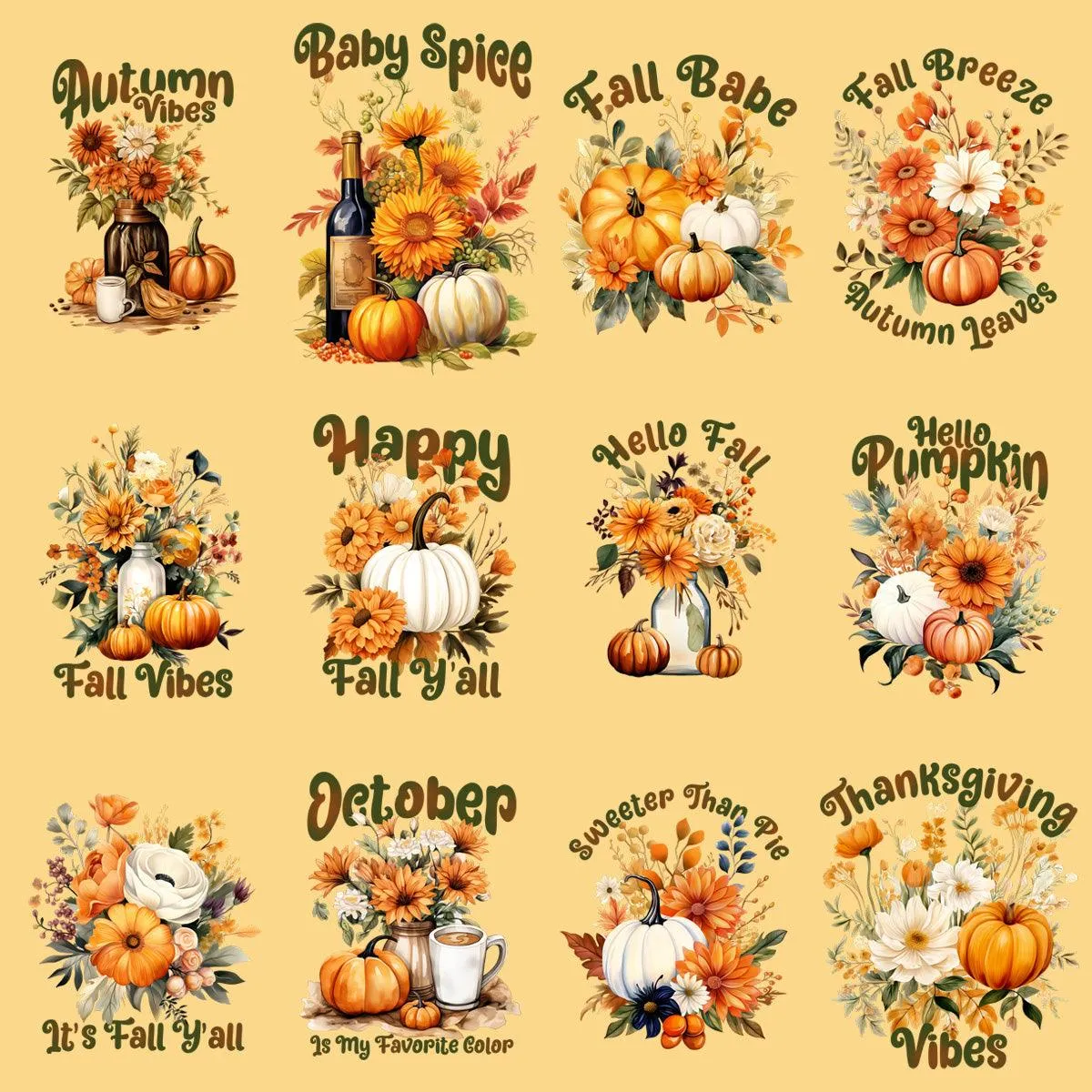 11 Fall Pumpkin Flowers Floral Designs Bundle PNG