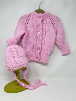 18-24 M Pink Acrylic Aran Knit Cardigan & Hat