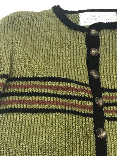 3-4 Y Green, Black & Brown Stripe Cotton Knit Cardigan