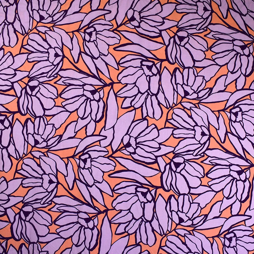 Abstract Leaf Floral Outline Rayon Challis Coral/Lavender