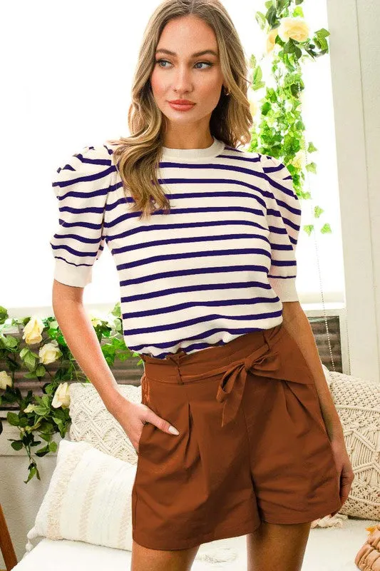 Ava Crewneck Puff Short Sleeve Stripe Sweater Top