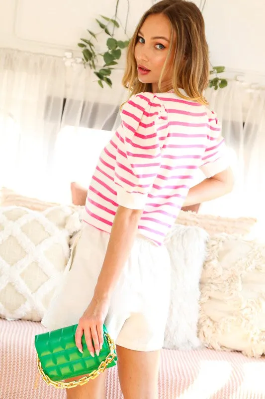 Ava Crewneck Puff Short Sleeve Stripe Sweater Top