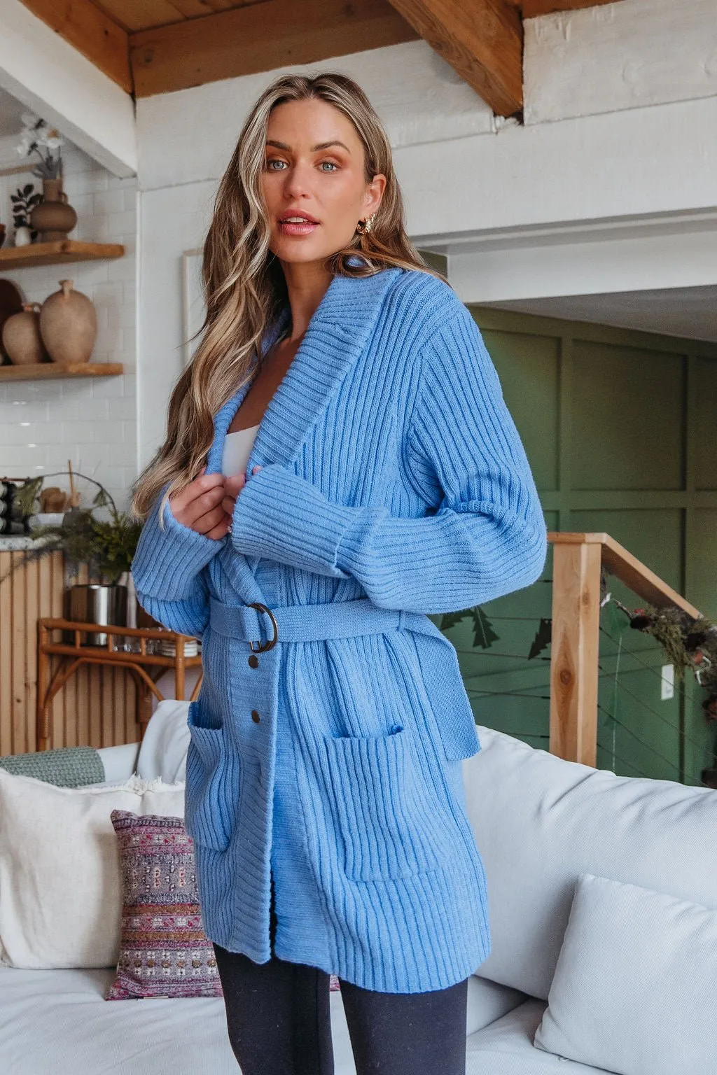 Blue Button Down Belted Cardigan