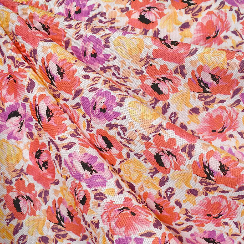 Brushstroke Tossed Floral Rayon Poplin Coral/Orchid