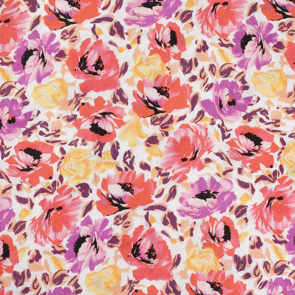 Brushstroke Tossed Floral Rayon Poplin Coral/Orchid