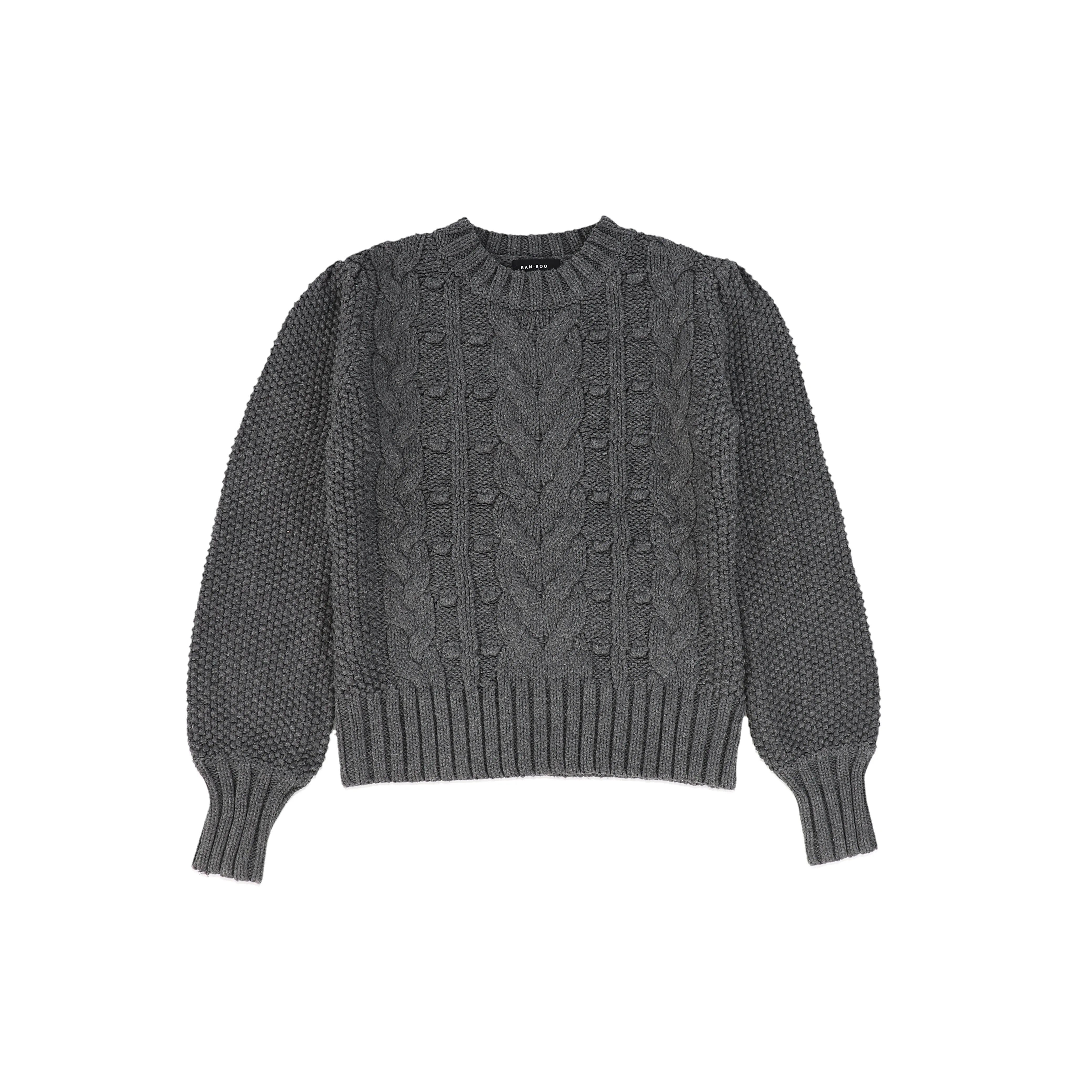 C14642-CABLE KNIT PUFF SLEEVE SWEATER-Grey