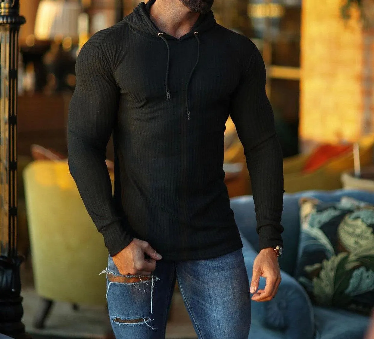 Casual Solid Color Hooded Long-Sleeved Knitted Sweatshirt