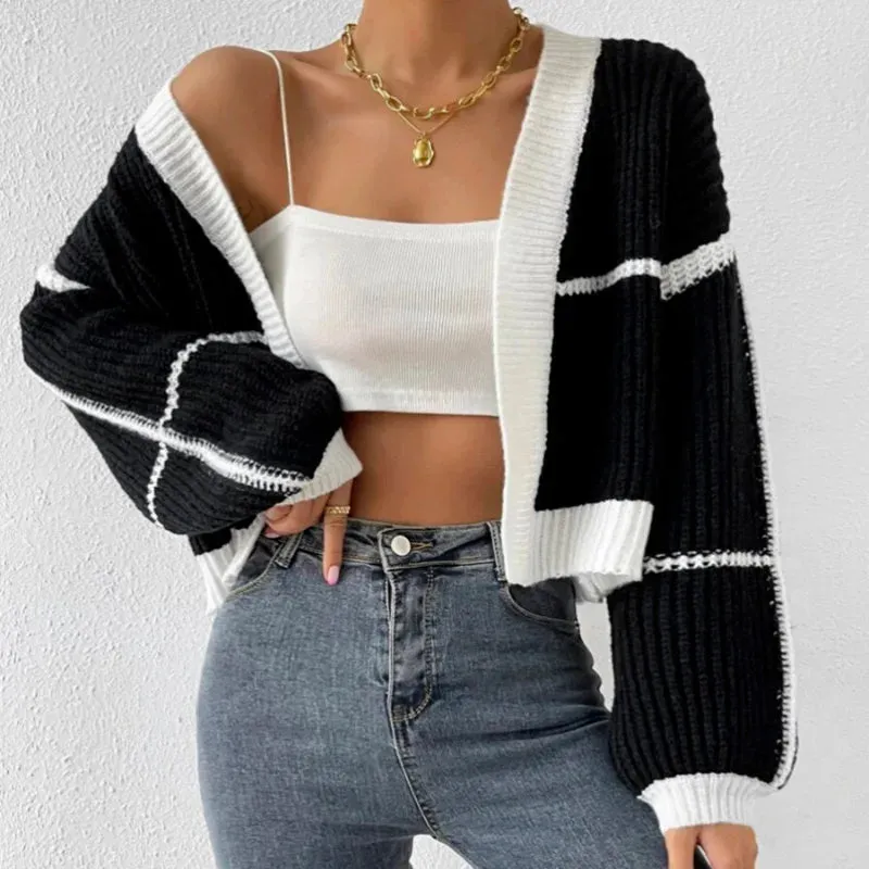 Cropped V-neck knitted color-contrast long-sleeve fashionable cozy plus-size Cardigans