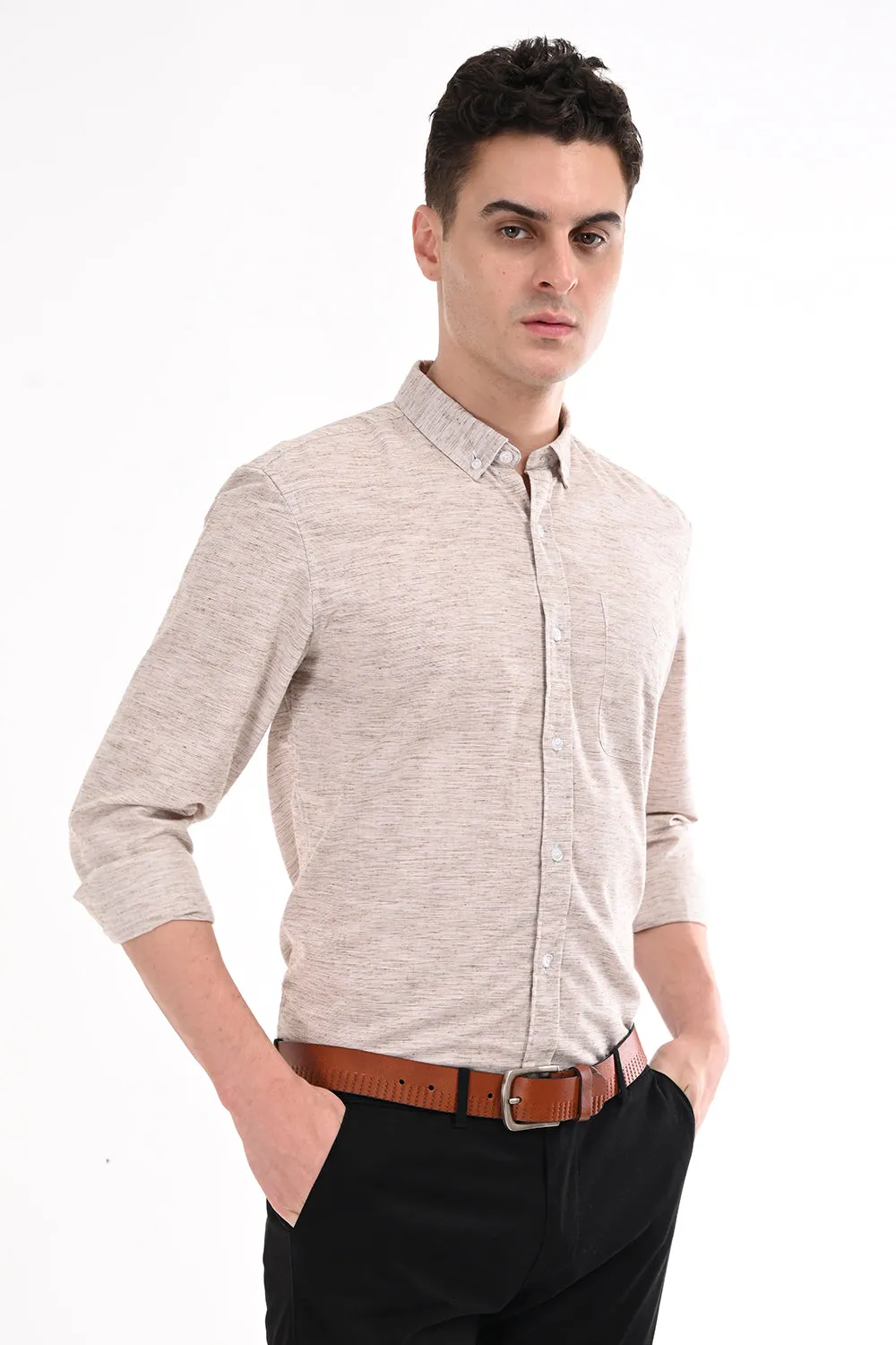 Dark Beige Lenin Semi Formal Shirt