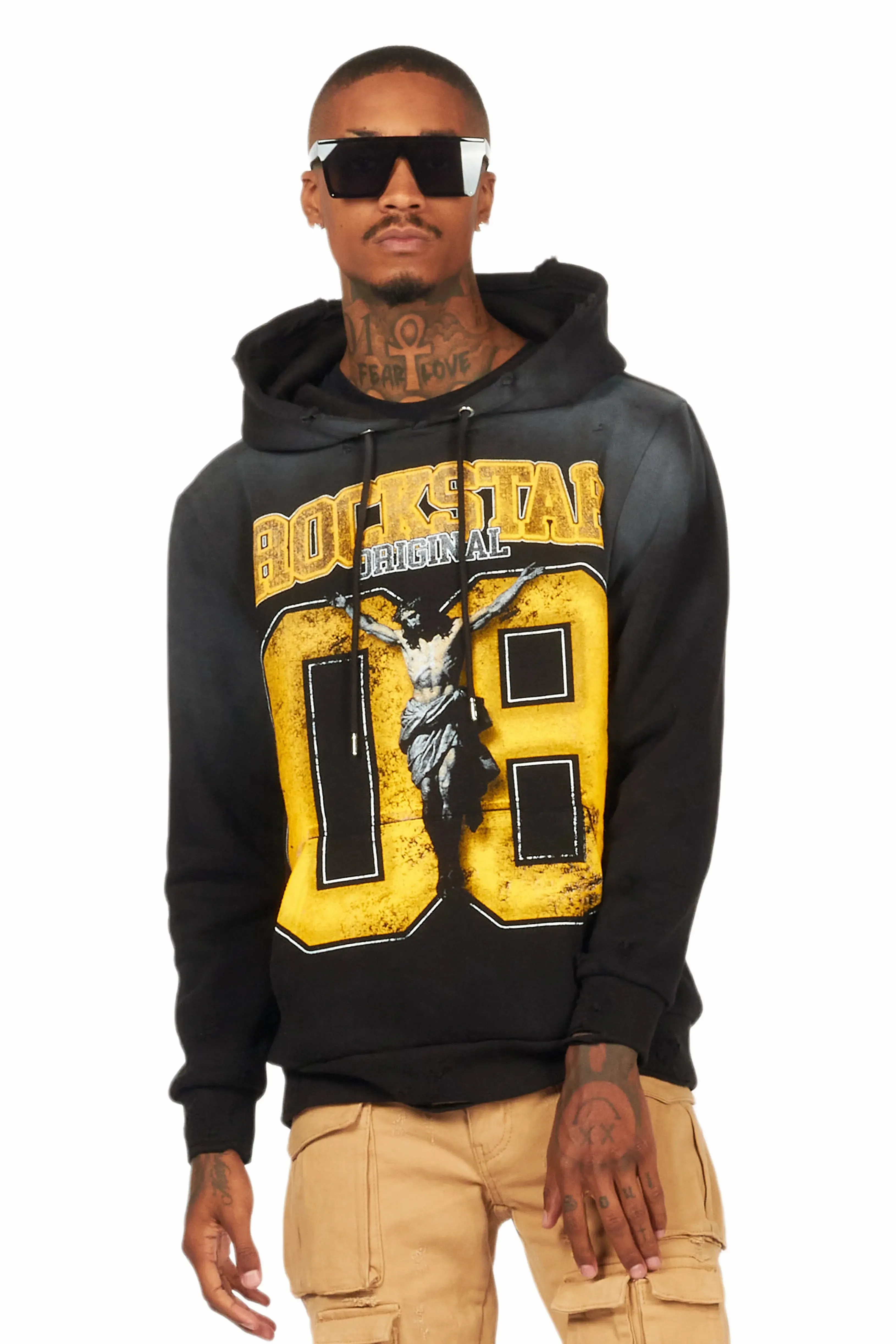 Fields Black/Yellow Distressed Graphic Hoodie