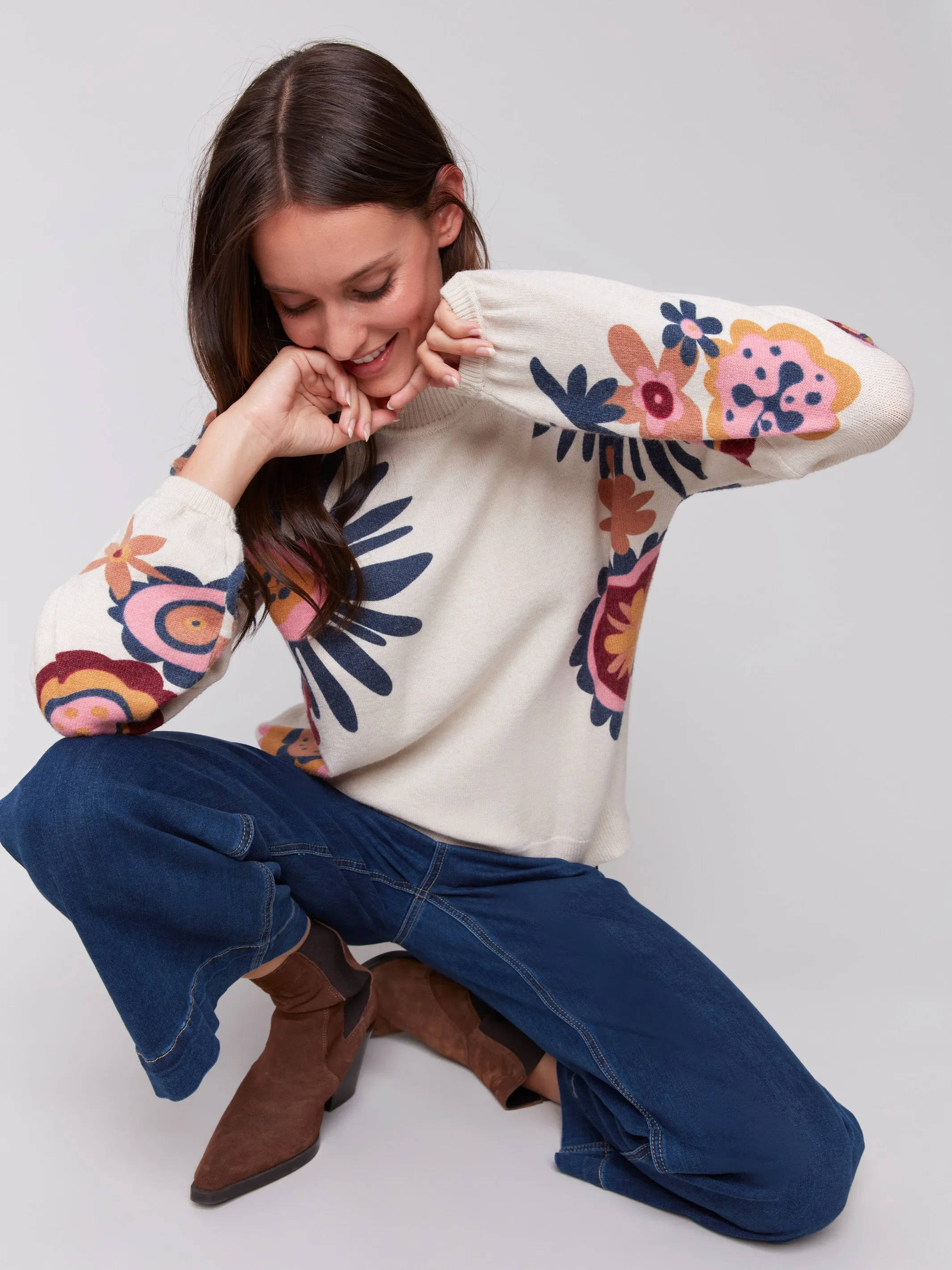 Floral Print Mock Neck Sweater - Beige