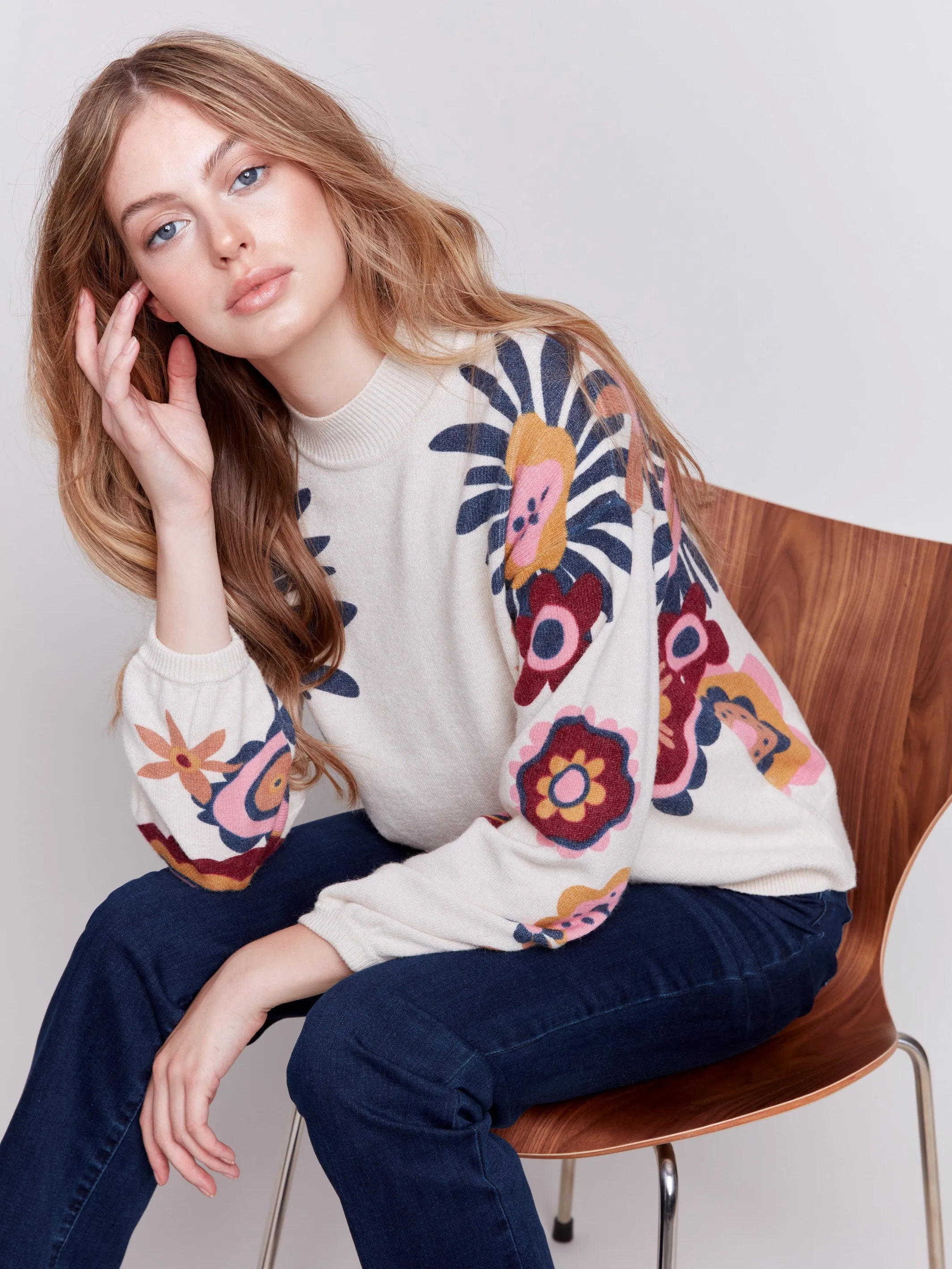 Floral Print Mock Neck Sweater - Beige