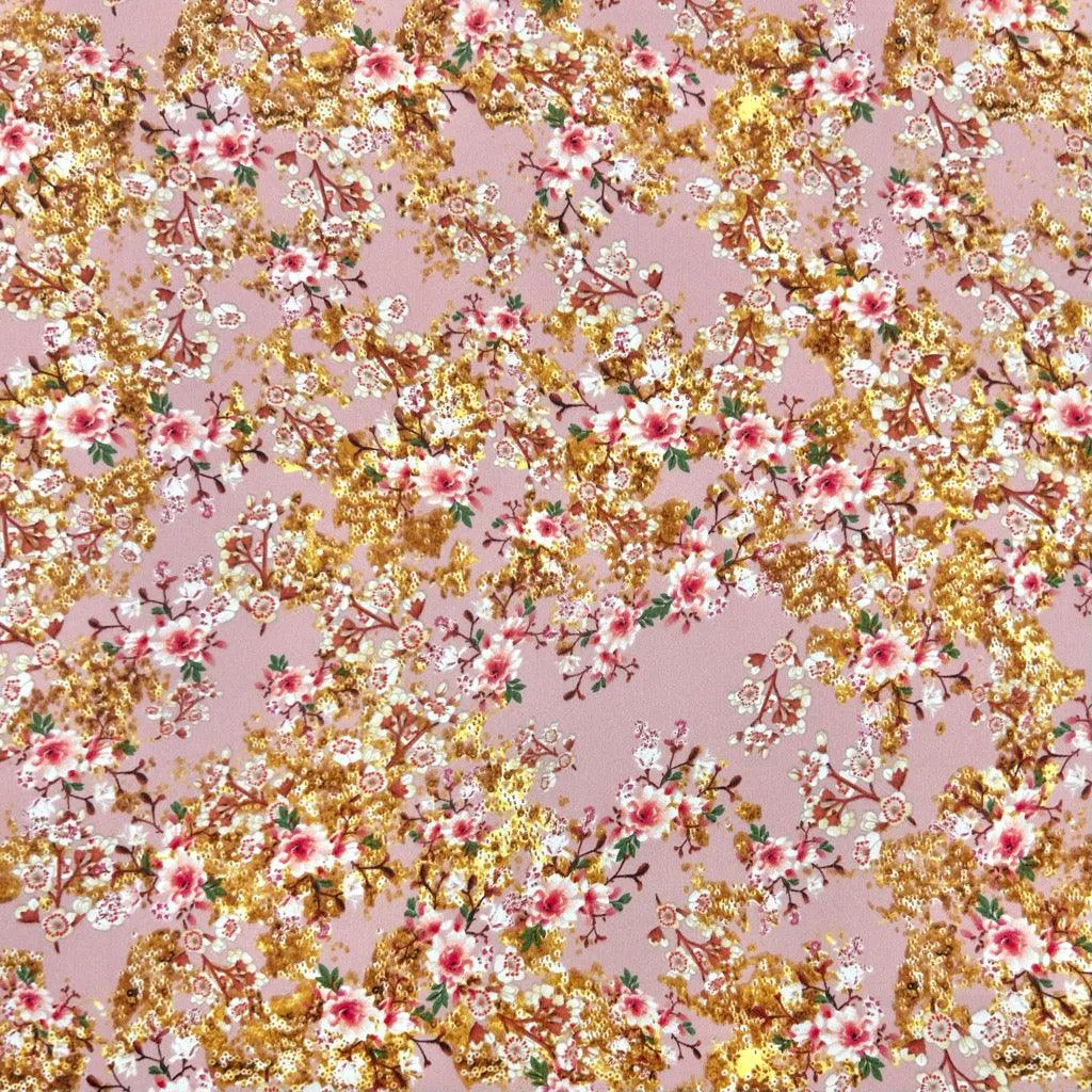 Flower Bunches on Pink Crepe Fabric