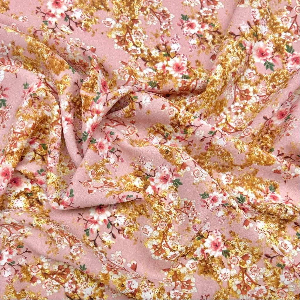 Flower Bunches on Pink Crepe Fabric