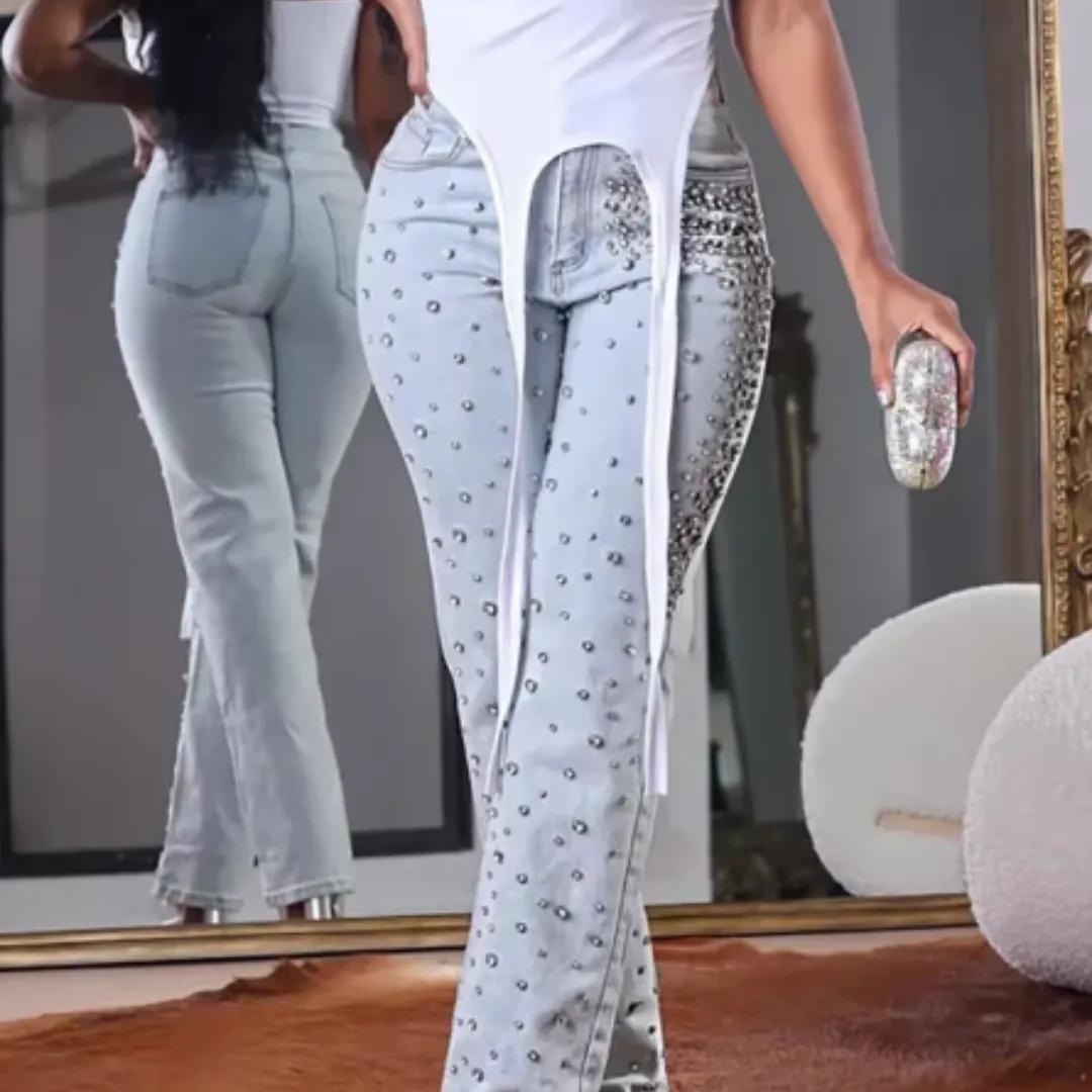 High Waist Jeans with Beading