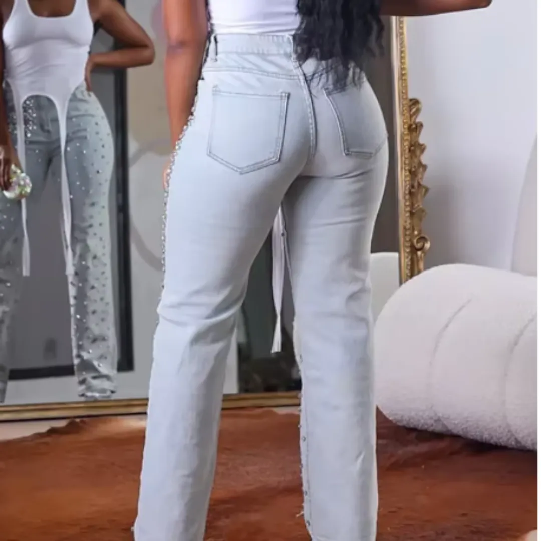 High Waist Jeans with Beading