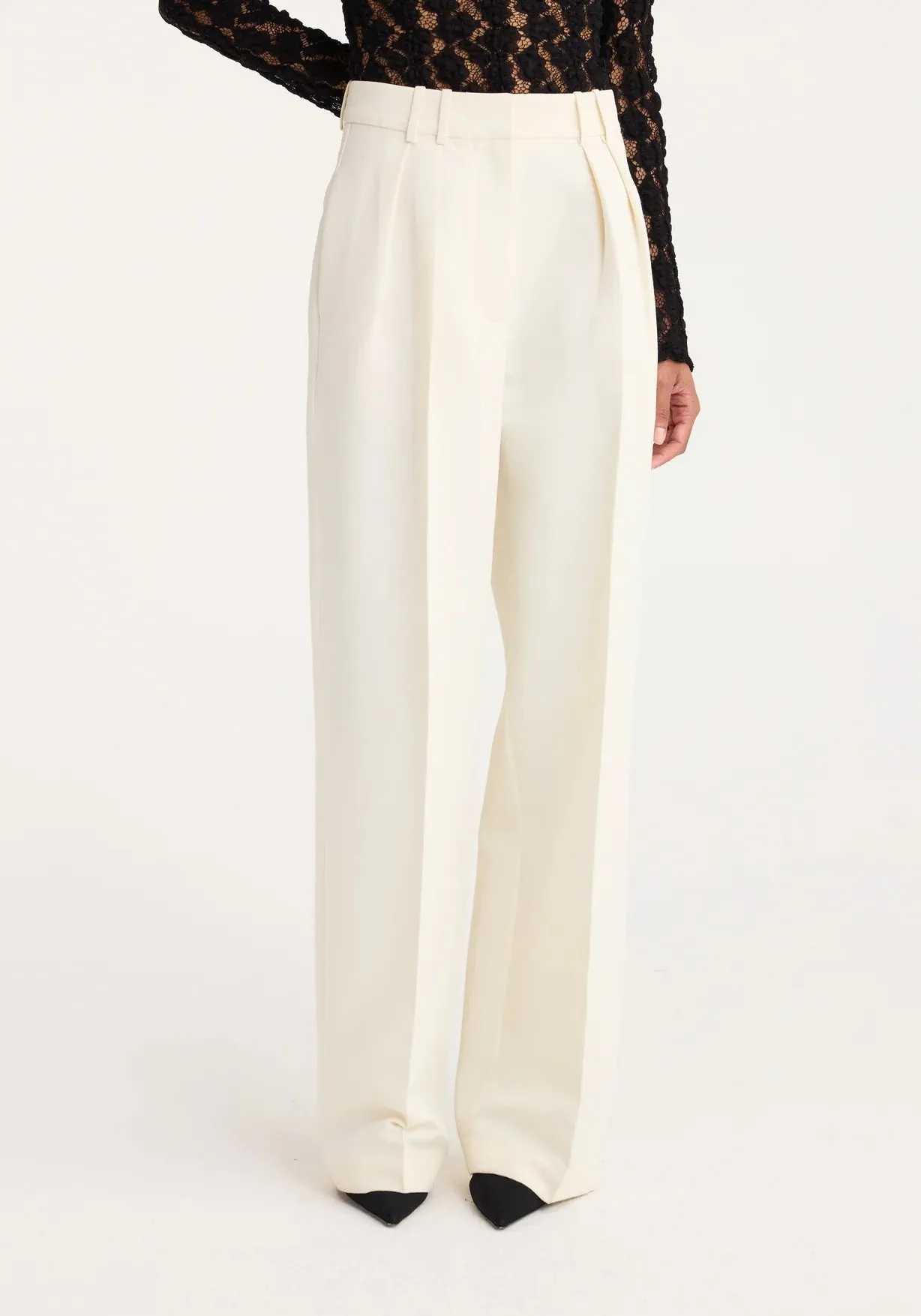 High-waisted Pleated Wide Leg Trousers in Off White