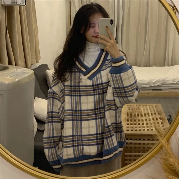 Joskaa Christmas Gift Plaid Pullover Women Warm Korean Pullover Sweater Loose Vintage Women Turtleneck Sweatshirt V Neck Jumper Long Sleeve Pull Femme