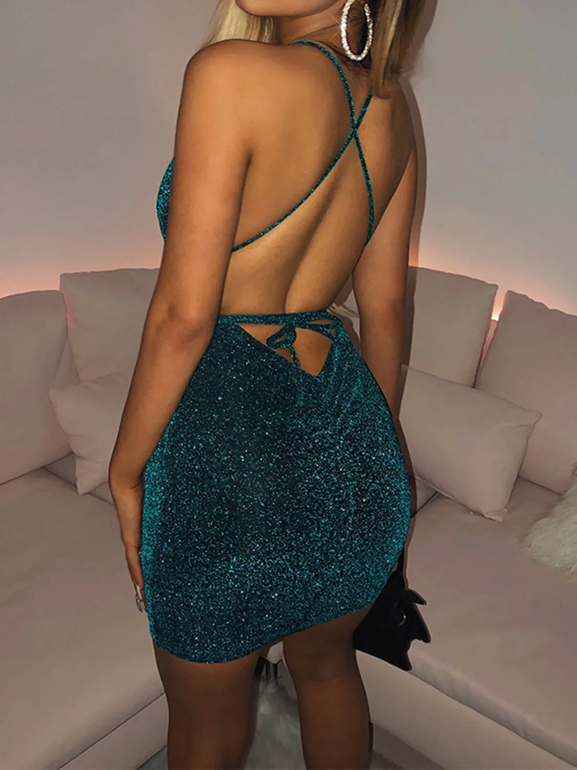 KESLEY Plunge Neckline Mini Dress Feminine Sexy Backless Glitter Low V Neckline Open Back Short Dress