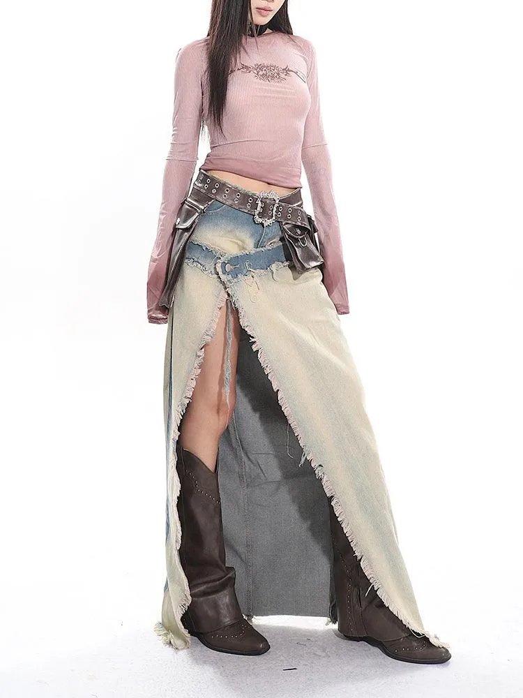 Light Blue High-Waist Long Denim Slit Skirt