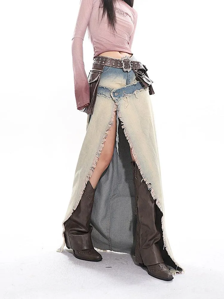 Light Blue High-Waist Long Denim Slit Skirt