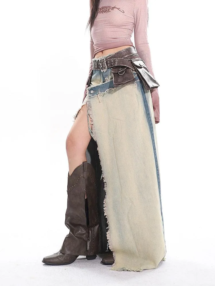 Light Blue High-Waist Long Denim Slit Skirt