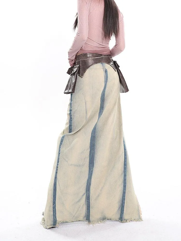 Light Blue High-Waist Long Denim Slit Skirt