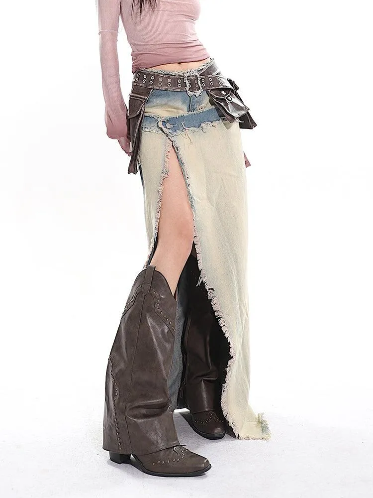 Light Blue High-Waist Long Denim Slit Skirt