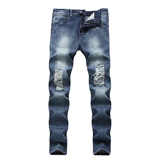 Men Jeans Slim Fit Black Stretch Destroyed Ripped Skinny Denim Jeans