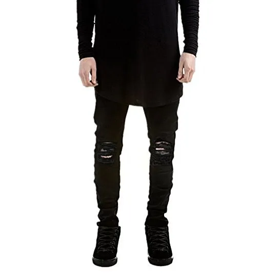 Men Jeans Slim Fit Black Stretch Destroyed Ripped Skinny Denim Jeans