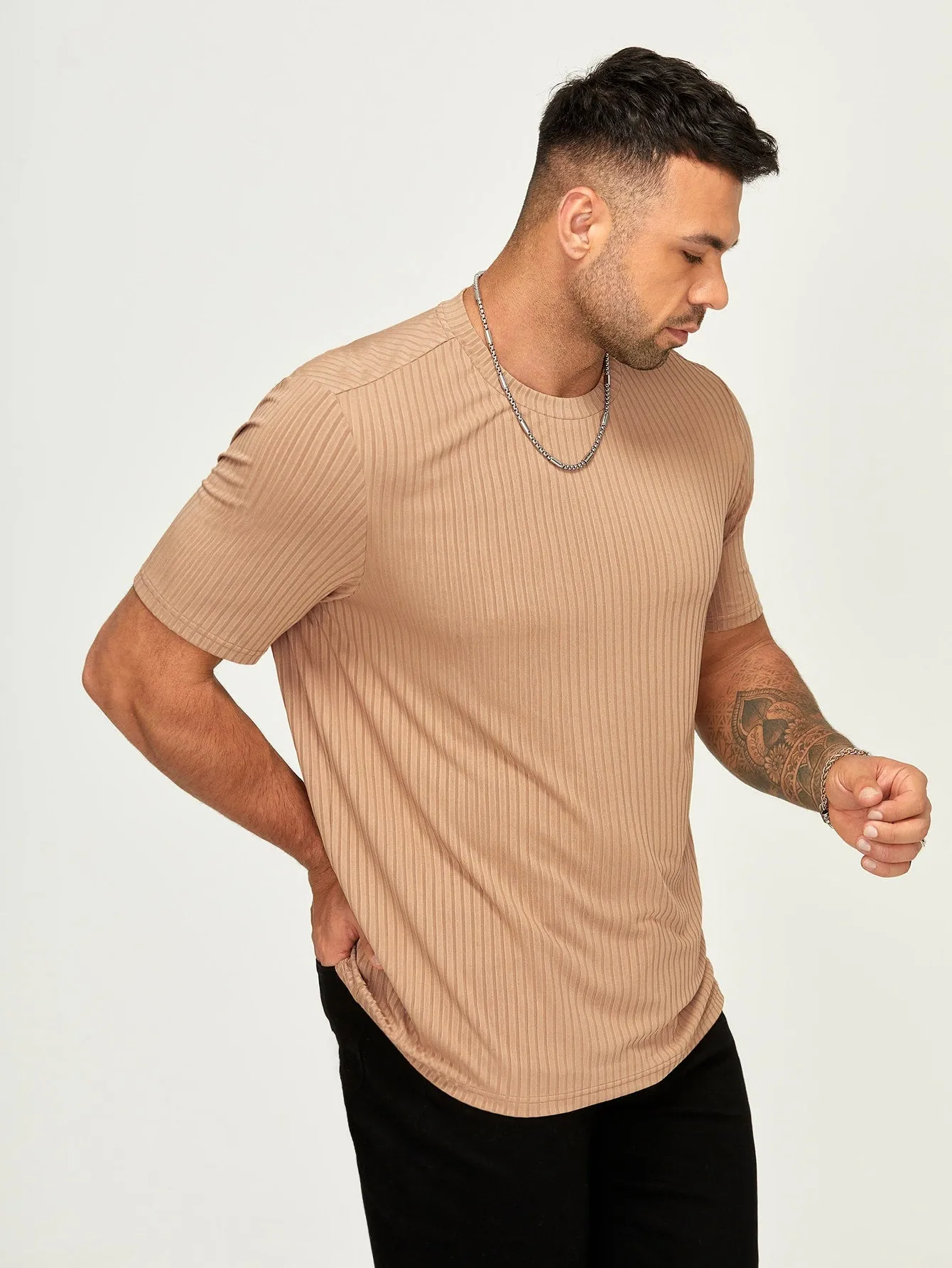 Men's Casual Slim Fit Rib-Knit Tee - Short Sleeve, Round Neck, Plain Pattern