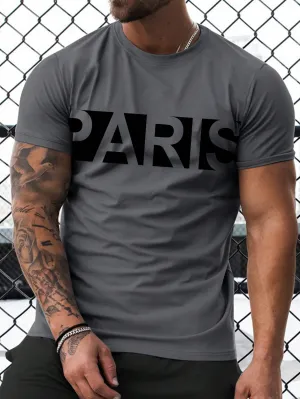 Men's Slim Fit "PARIS" Printed Round Neck Casual T-Shirt, Short Sleeve