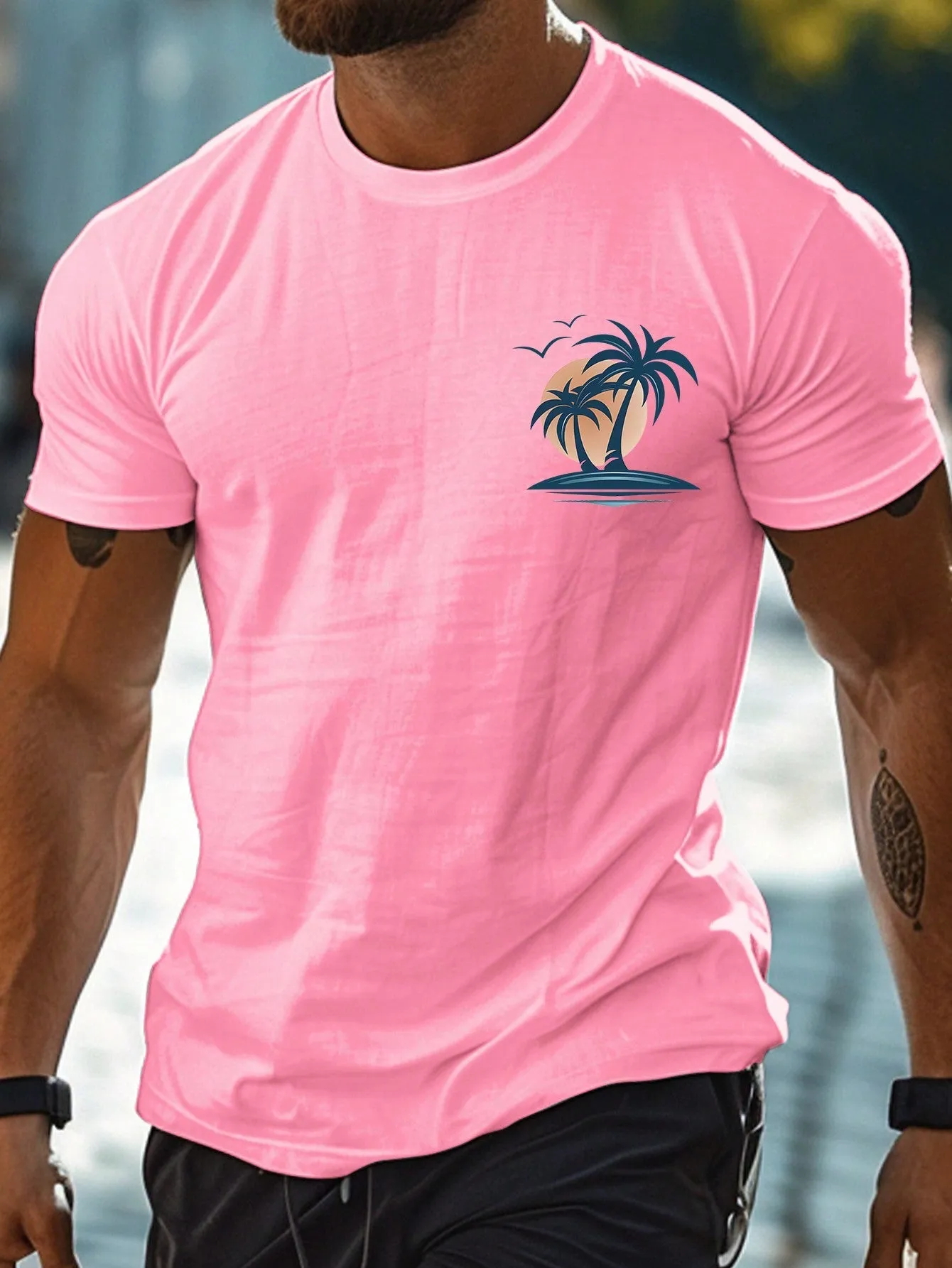 Men's Tropical Coconut Tree Slim Fit Summer T-Shirt, Short Sleeve, Casual