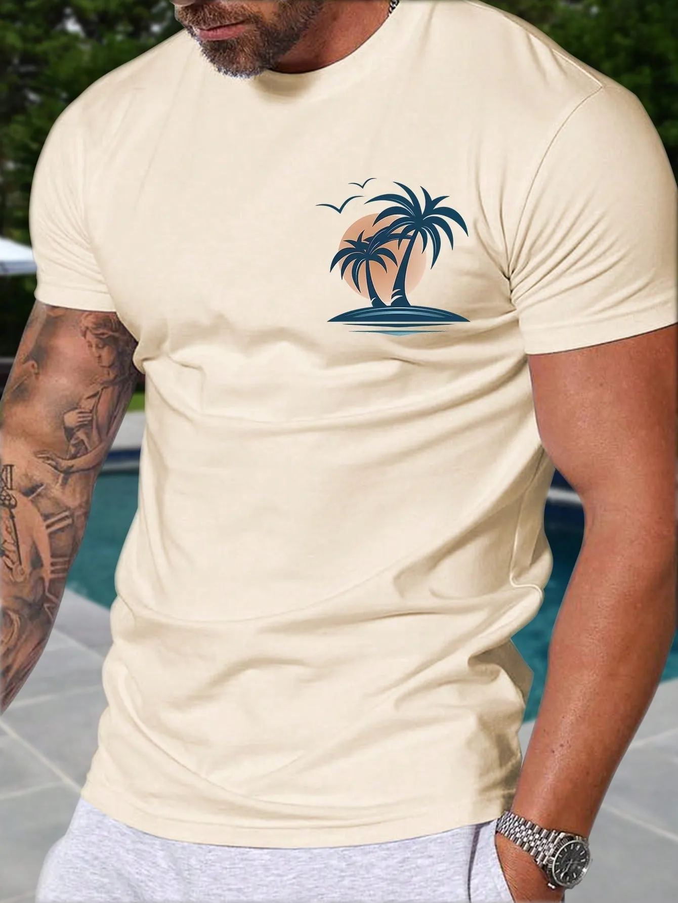 Men's Tropical Coconut Tree Slim Fit Summer T-Shirt, Short Sleeve, Casual