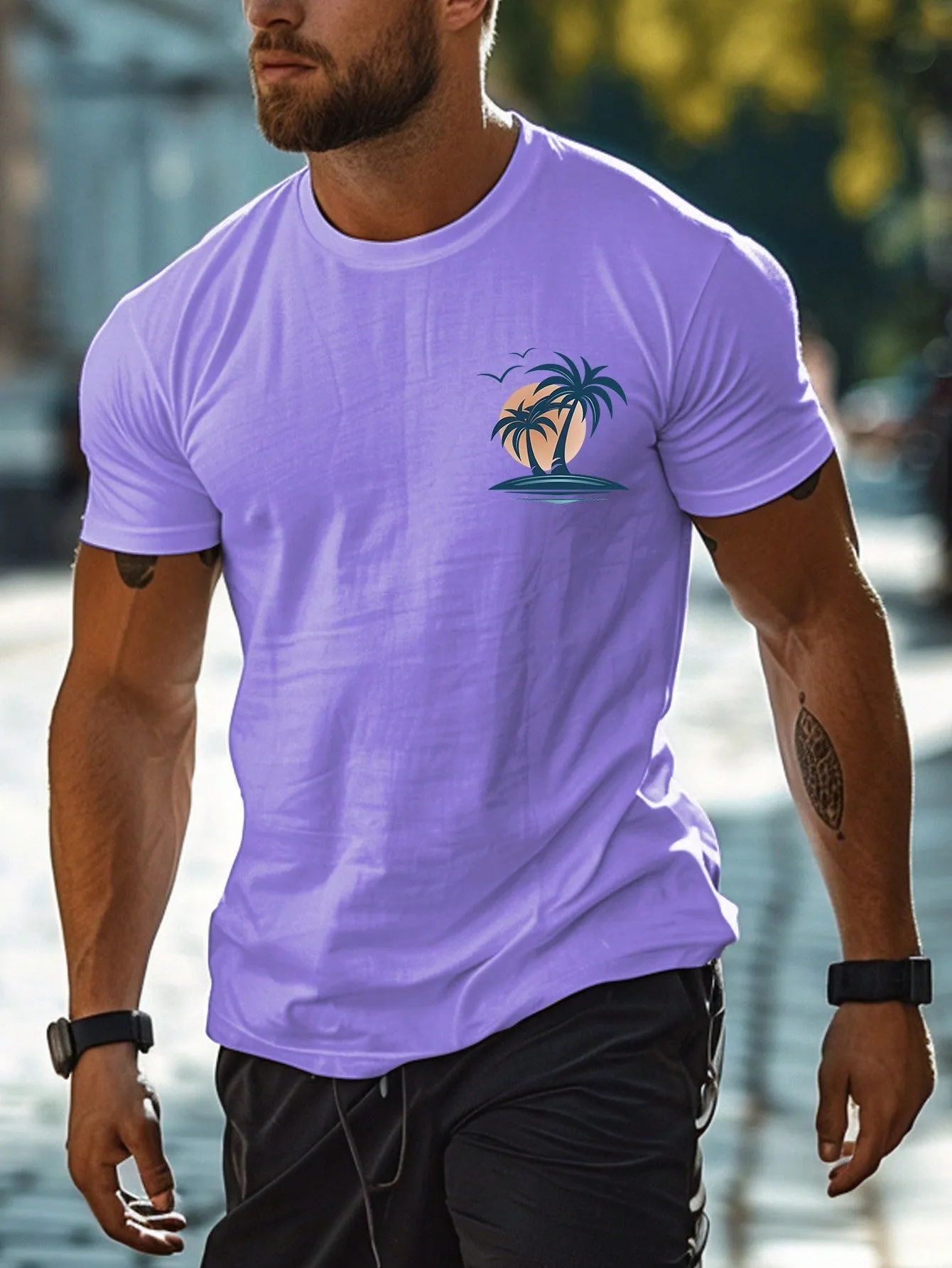 Men's Tropical Coconut Tree Slim Fit Summer T-Shirt, Short Sleeve, Casual