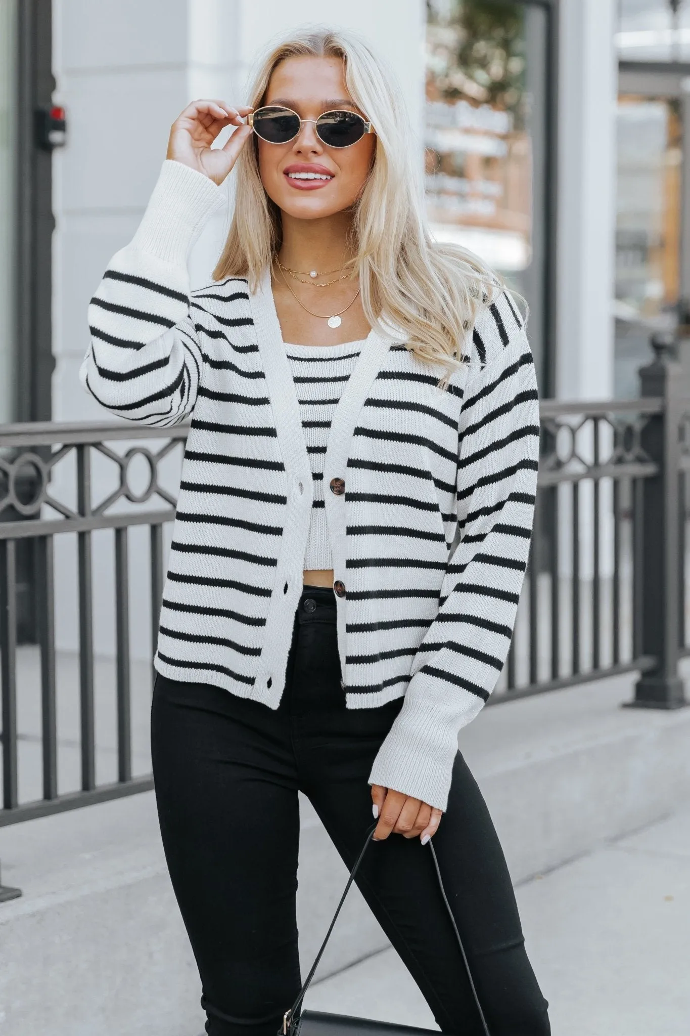 Natural And Black Striped Sweater Cardigan - FINAL SALE