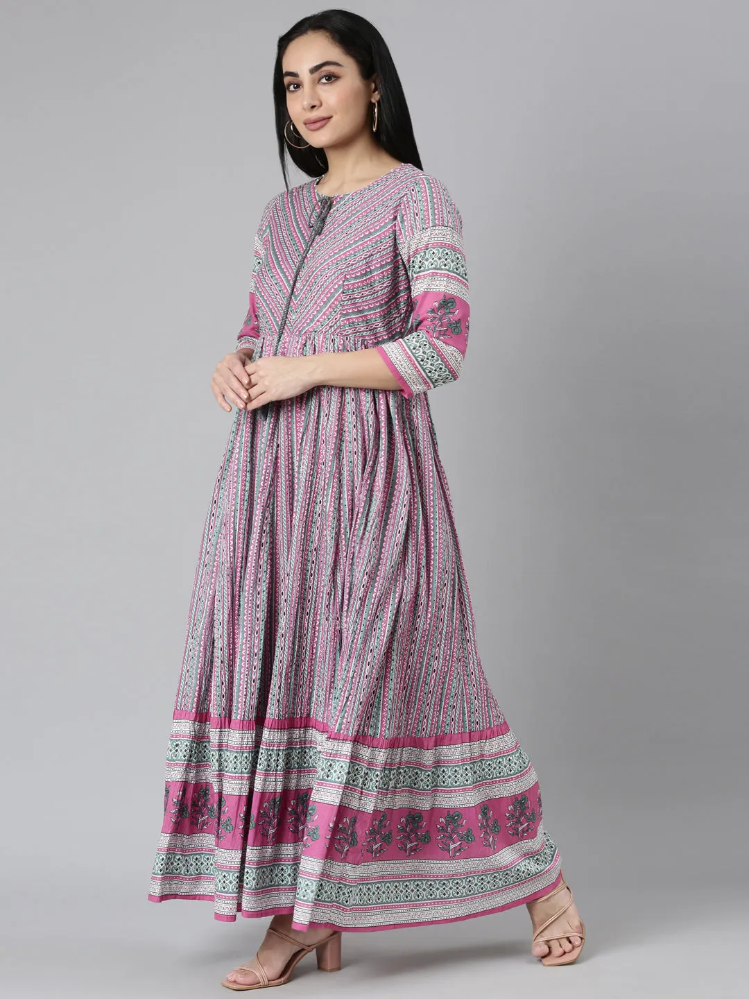 Neerus Pink Curved Casual Ethnic Motifs Maxi Dresses