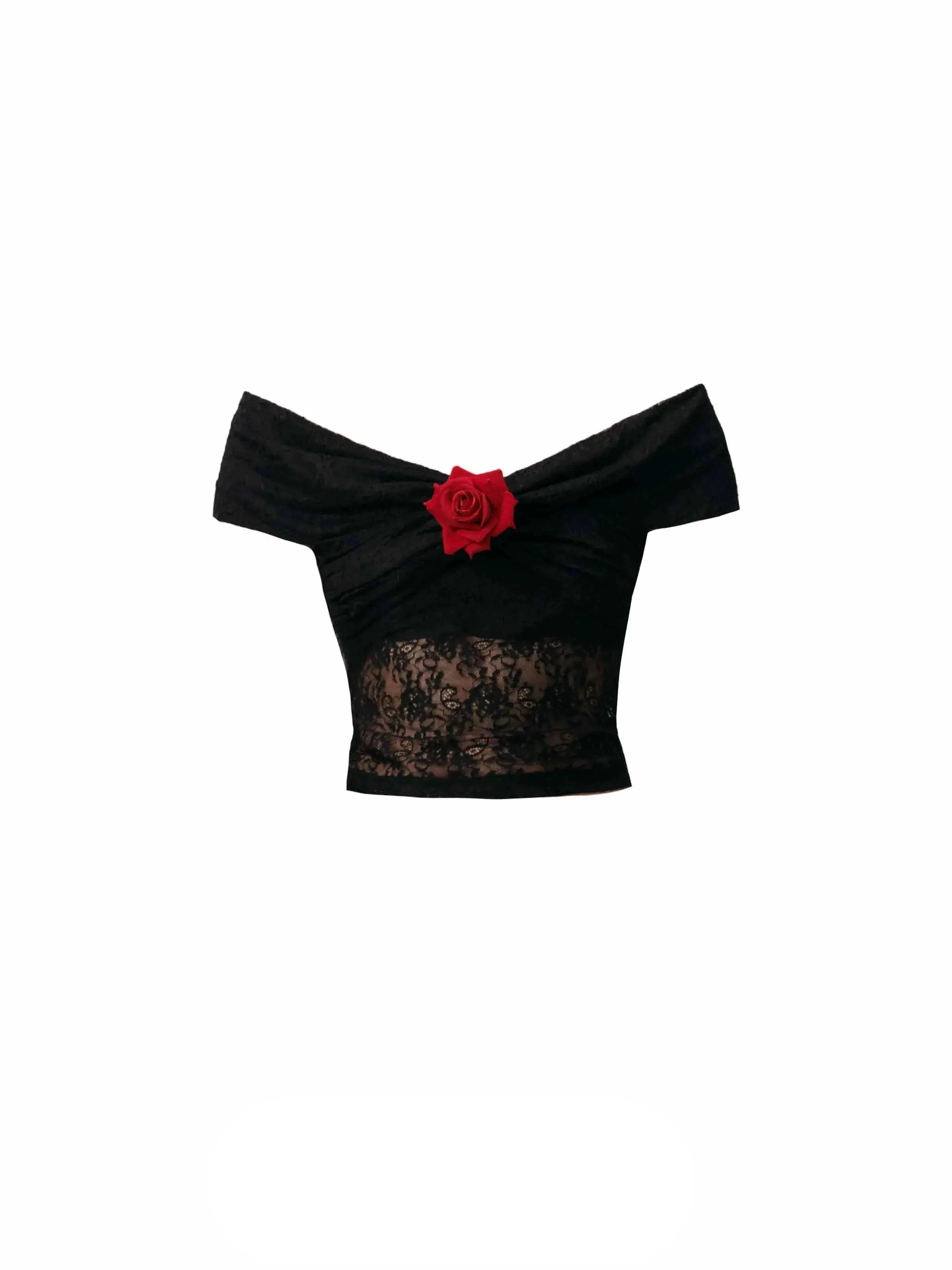 Rose Embellished Off-Shoulder Lace Crop Top and Asymmetric Lace Mini Skirt Set