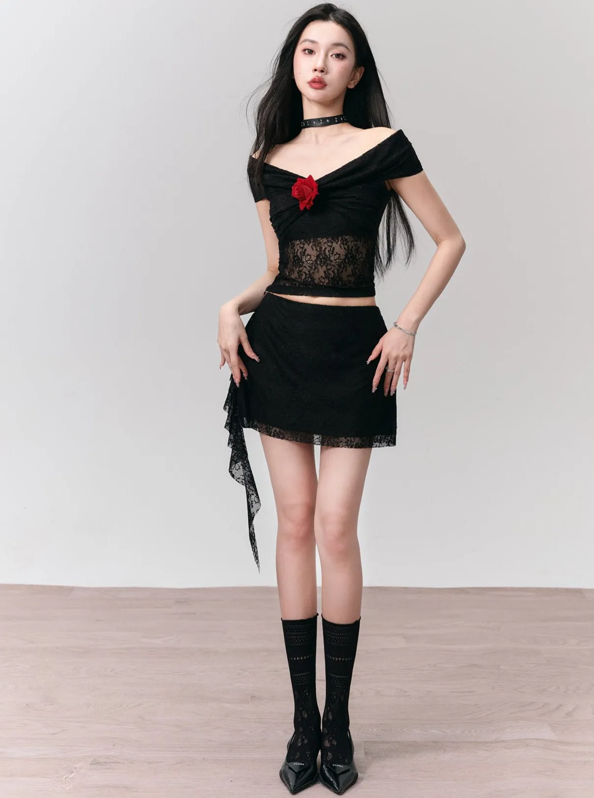 Rose Embellished Off-Shoulder Lace Crop Top and Asymmetric Lace Mini Skirt Set