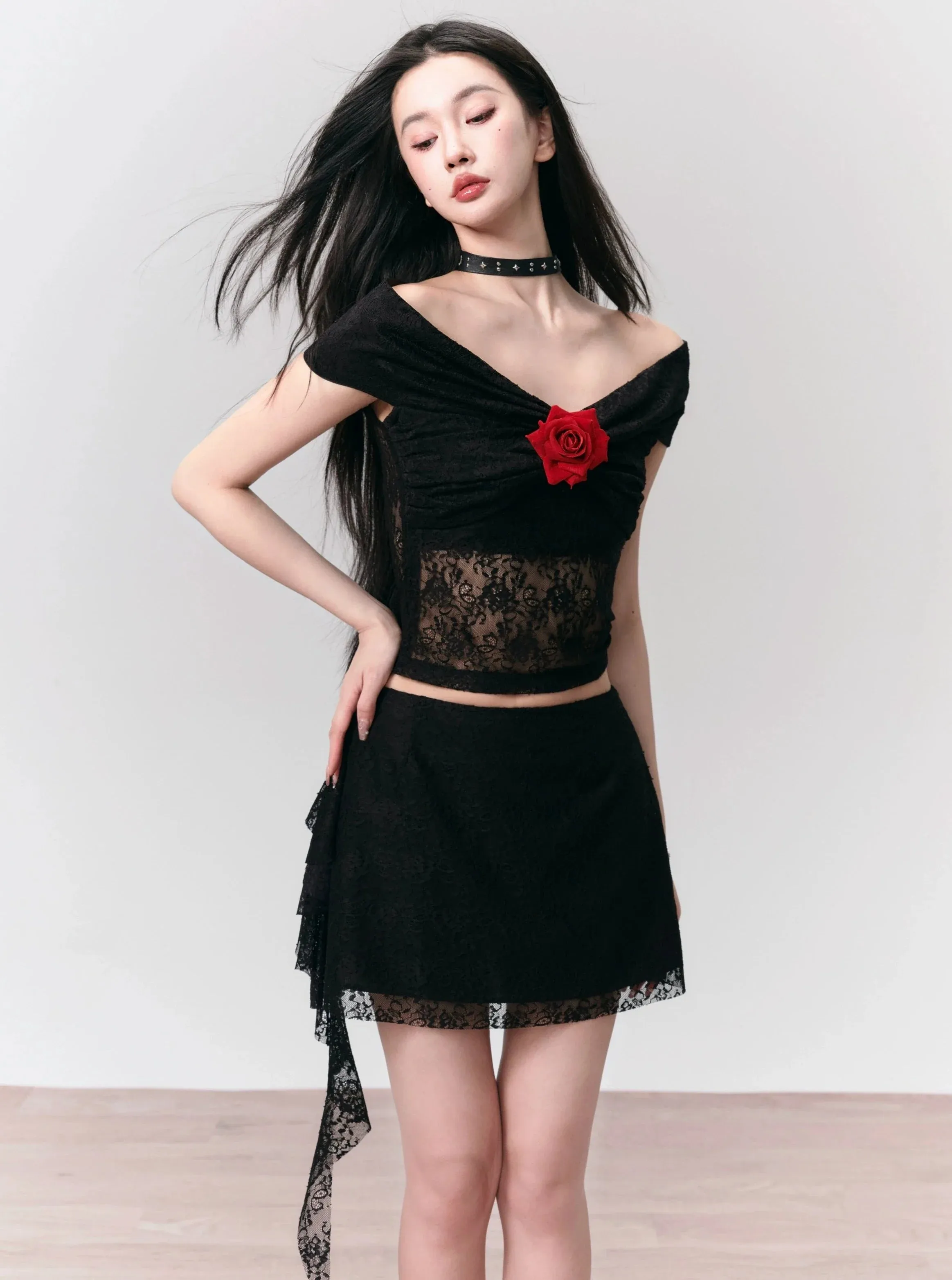 Rose Embellished Off-Shoulder Lace Crop Top and Asymmetric Lace Mini Skirt Set