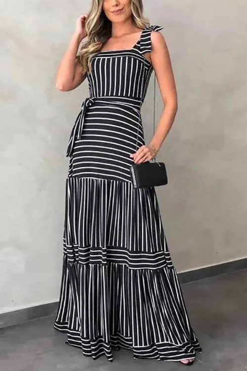 Stripe Bow Tie Belted Maxi Dress