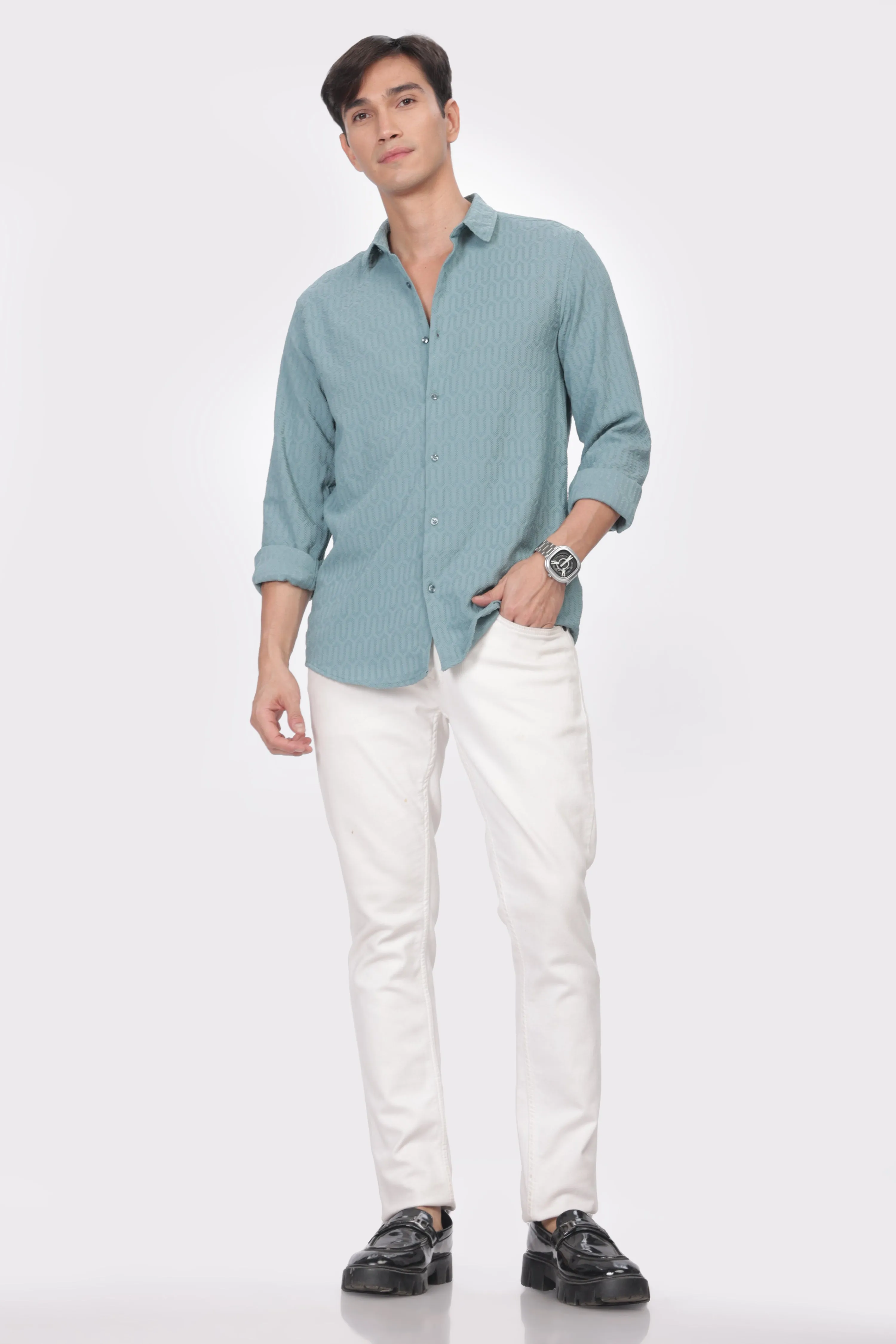 Teal - Modern Fit Textured Shirt