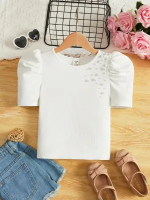 Tween Girl Puff Sleeve Tee - Pearls Beaded Detail, Casual, Rib-Knit, Forest-Safe Fibers