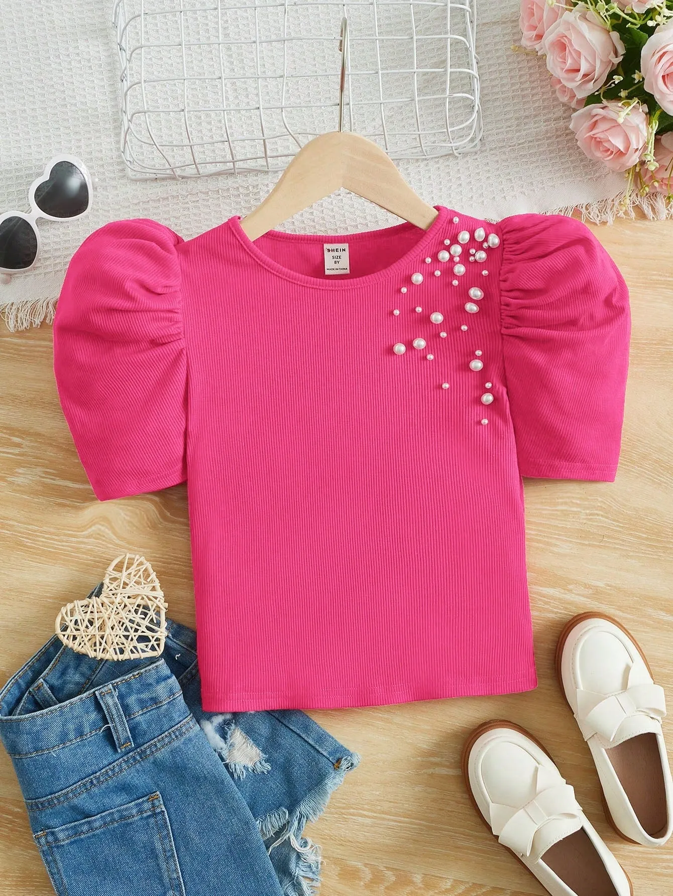 Tween Girl Puff Sleeve Tee - Pearls Beaded Detail, Casual, Rib-Knit, Forest-Safe Fibers