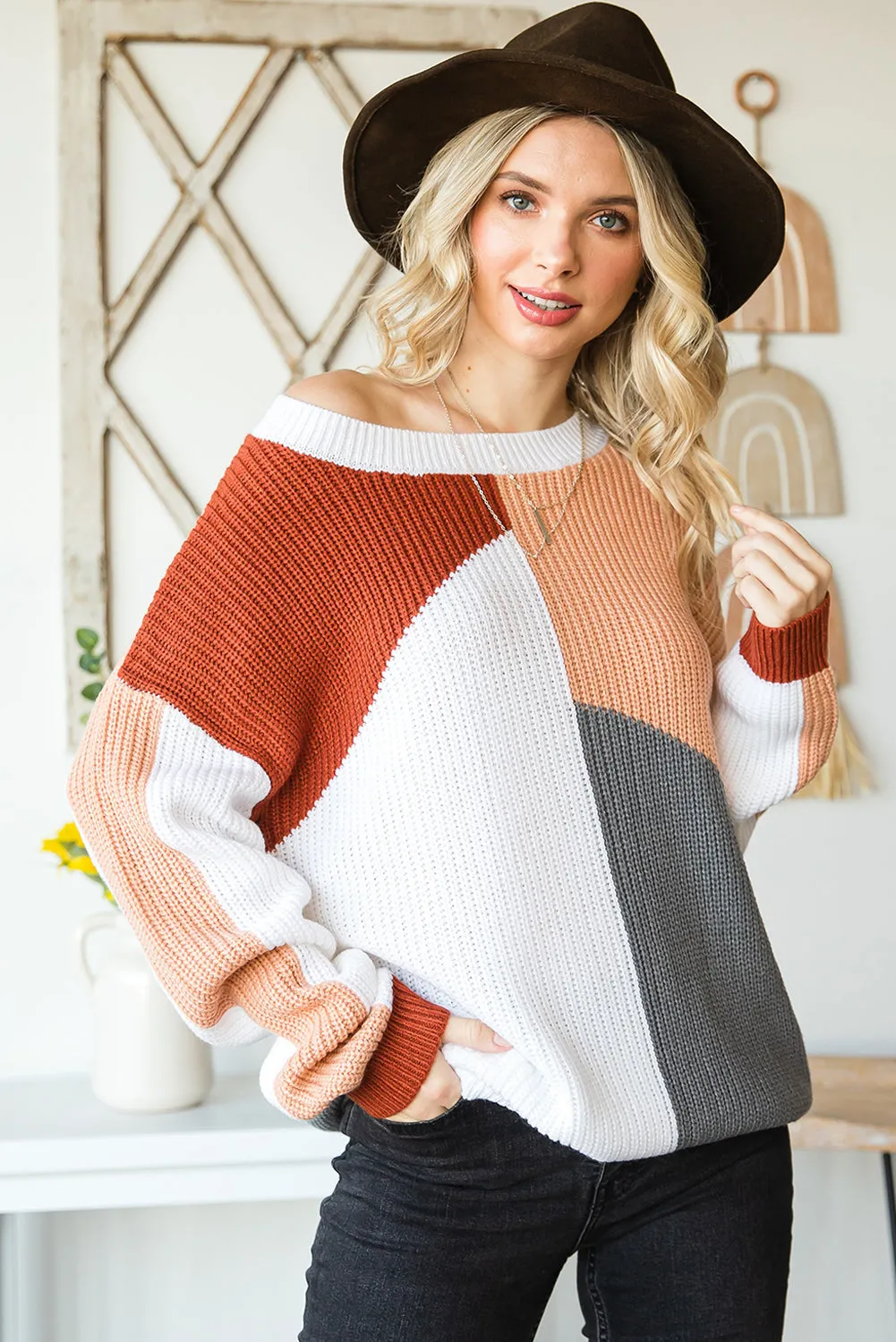 Women's Crew Neck Long Sleeve Jumper Tops Loose Fit Color Block Knit Sweater