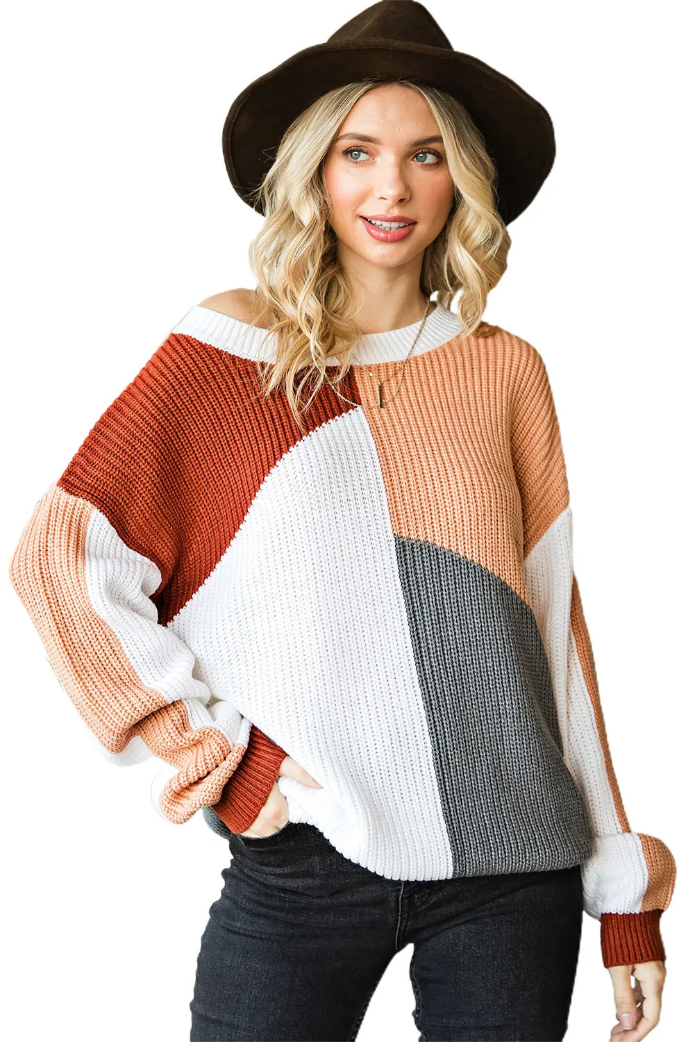 Women's Crew Neck Long Sleeve Jumper Tops Loose Fit Color Block Knit Sweater