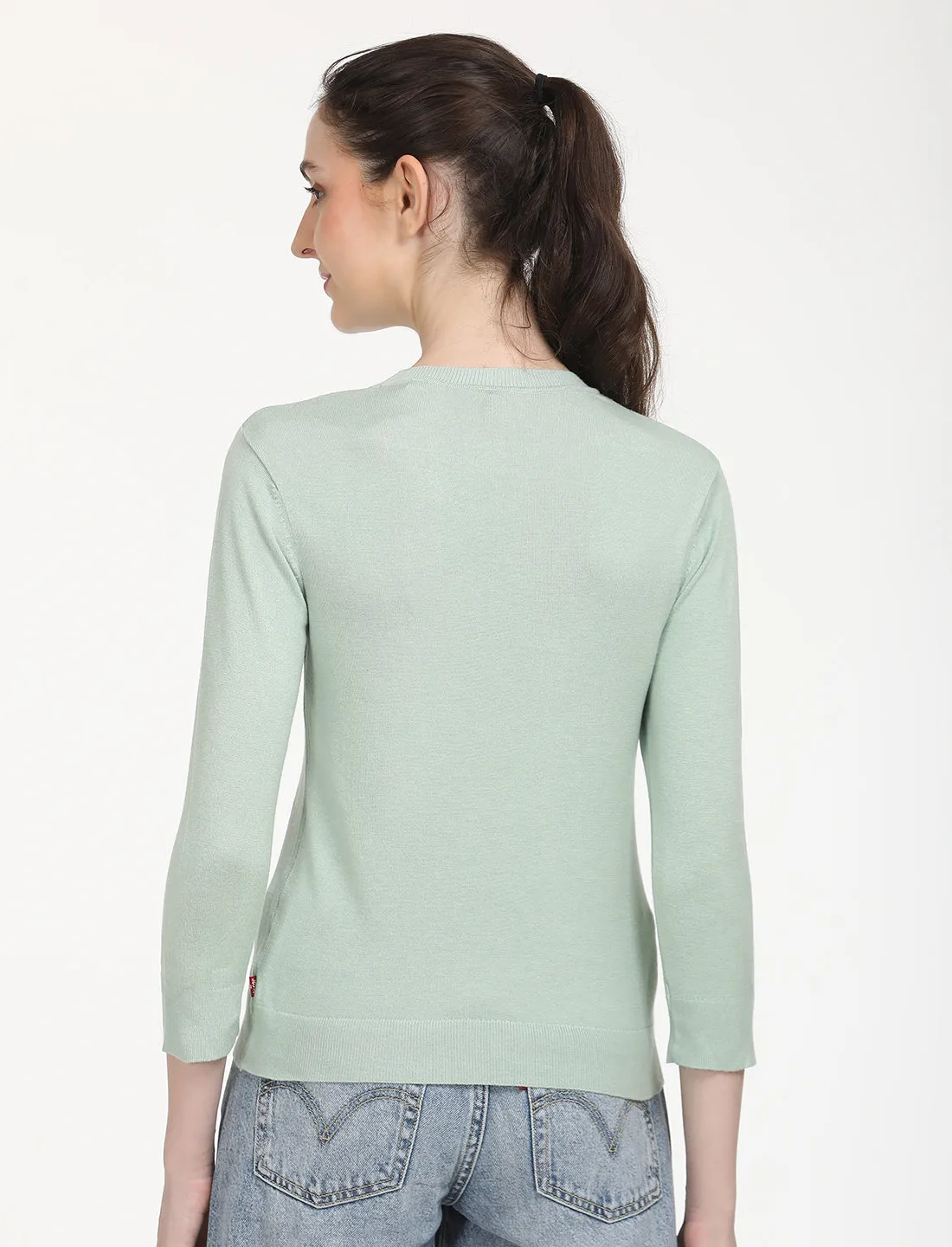 Women's Solid Green Crew Neck Sweater