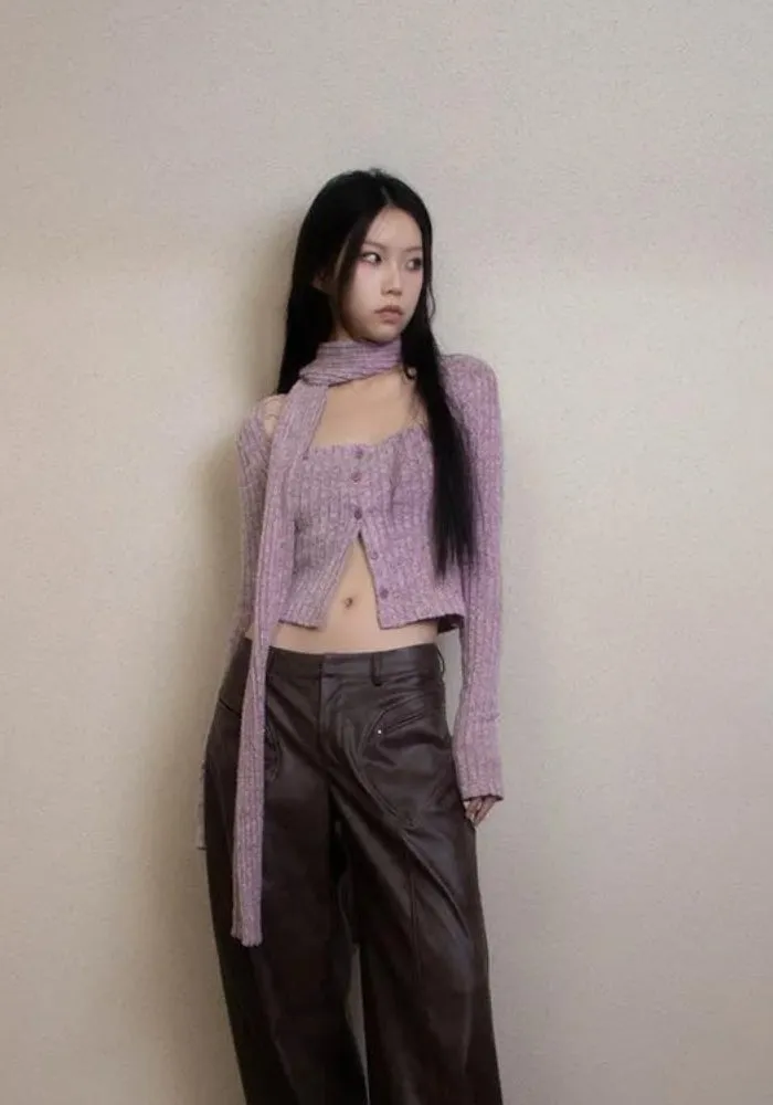 Y2K Corduroy Cropped Scarf Cardigan